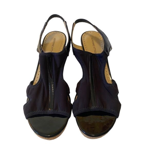 Adrienne Vittadini Black Cloth & Patent Leather Peep Toe Cork Wedge Heels. - Picture 2 of 6